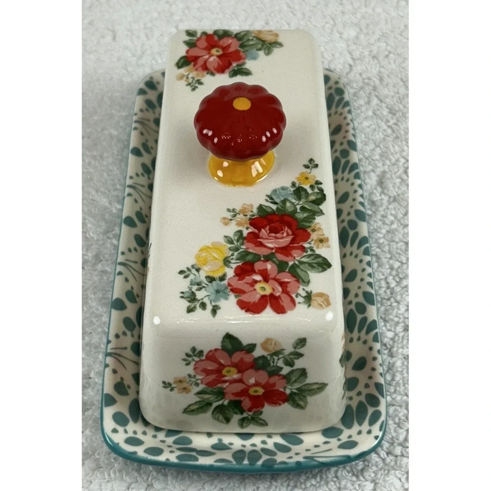 Pioneer Woman Single Stick Butter Dish Vintage Floral Stoneware Teal Red Ivory